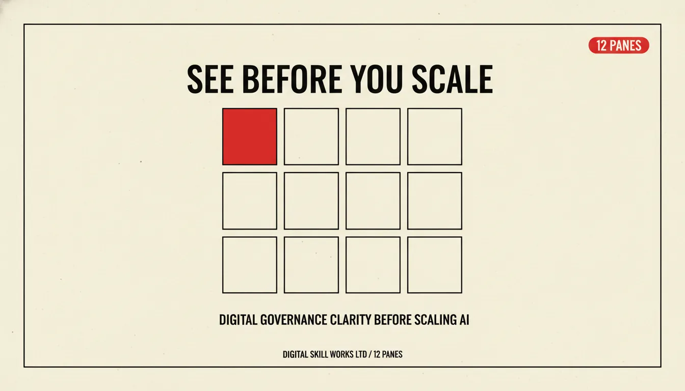 Editorial window motif: see before you scale — paper, ink, and signal red.