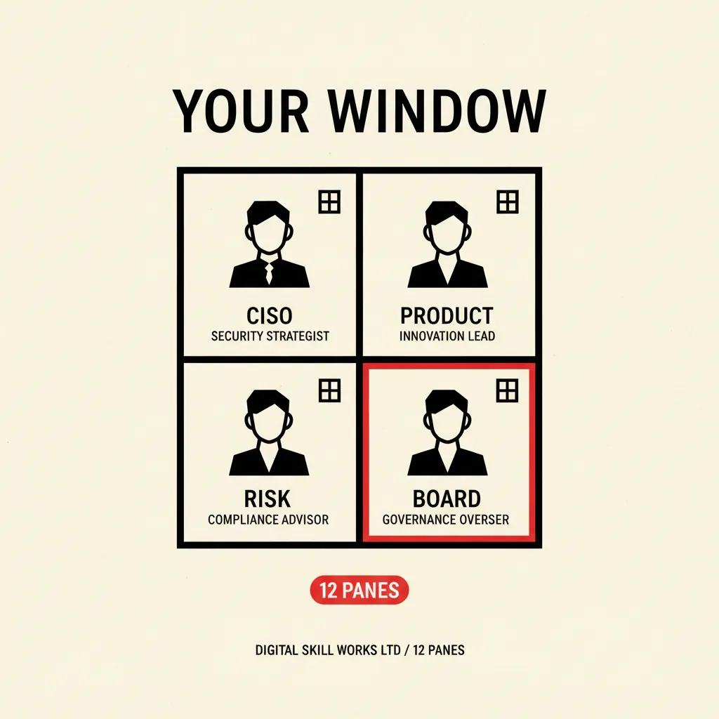 Oblique twelve-pane window motif in paper, ink, and signal red.