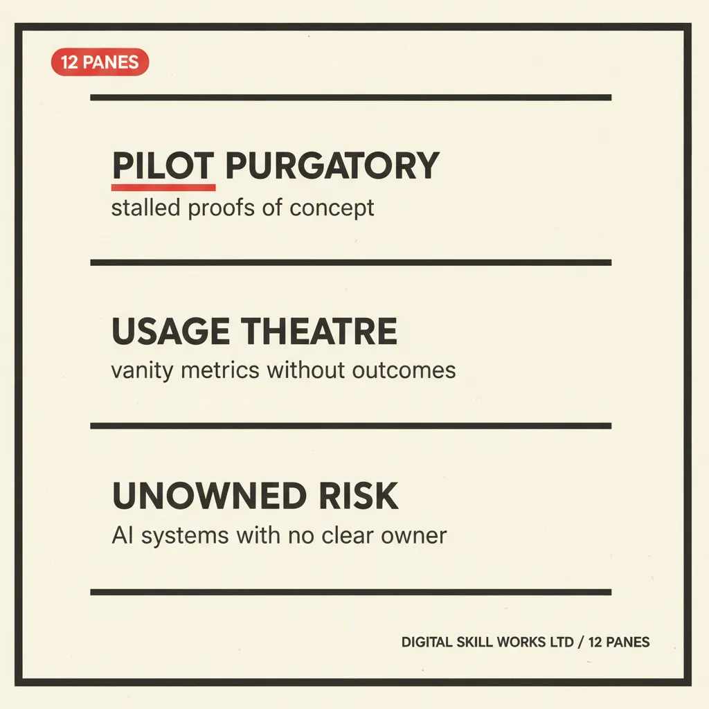 Editorial illustration of AI pilot purgatory — busy demos without owners.