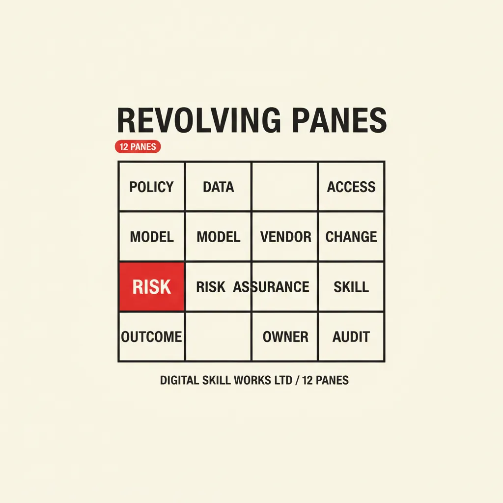 Four arcs SEE STEADY MOVE GROW with Steady emphasised — twelve-pane grid in paper, ink, and signal red.