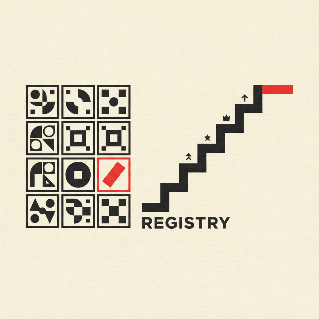 Editorial illustration: agent registry grid with one signal-red card