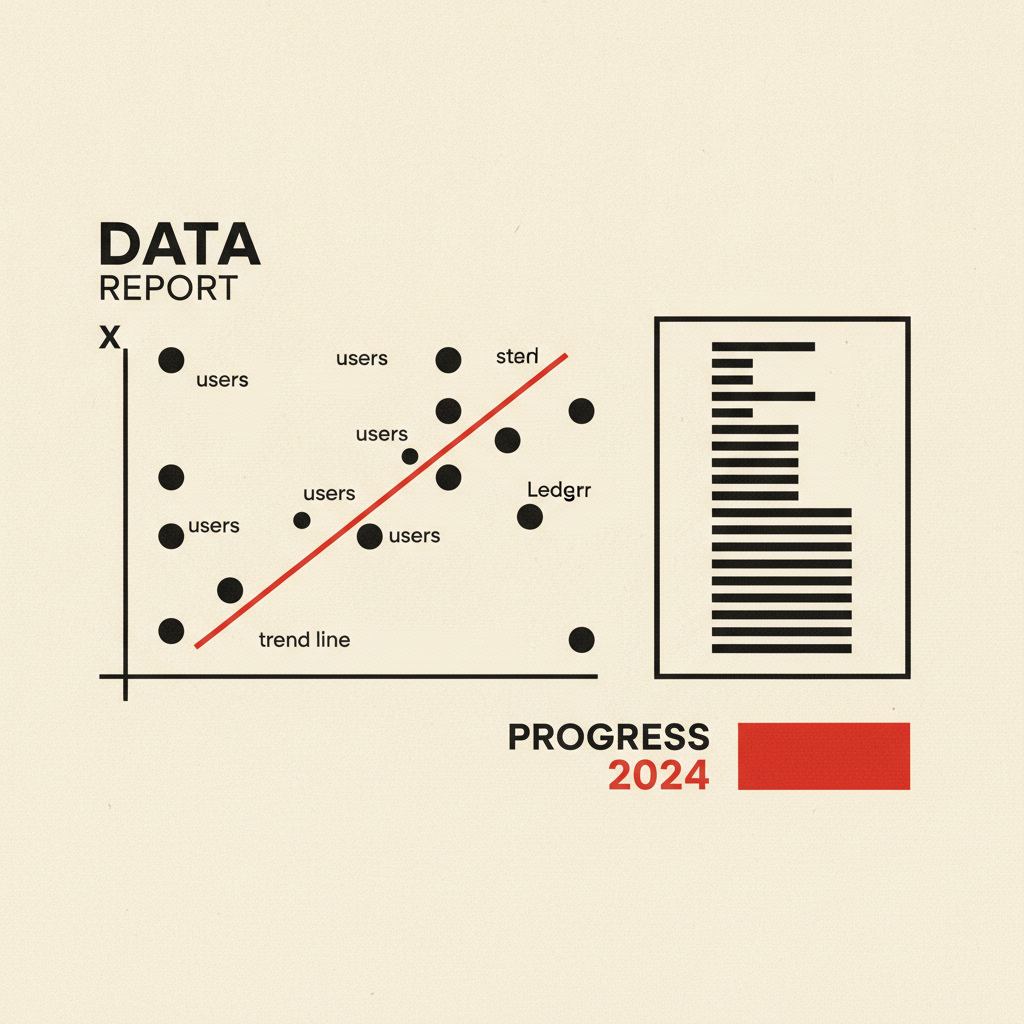 Editorial illustration: usage chart with a red trend line and steward ledger
