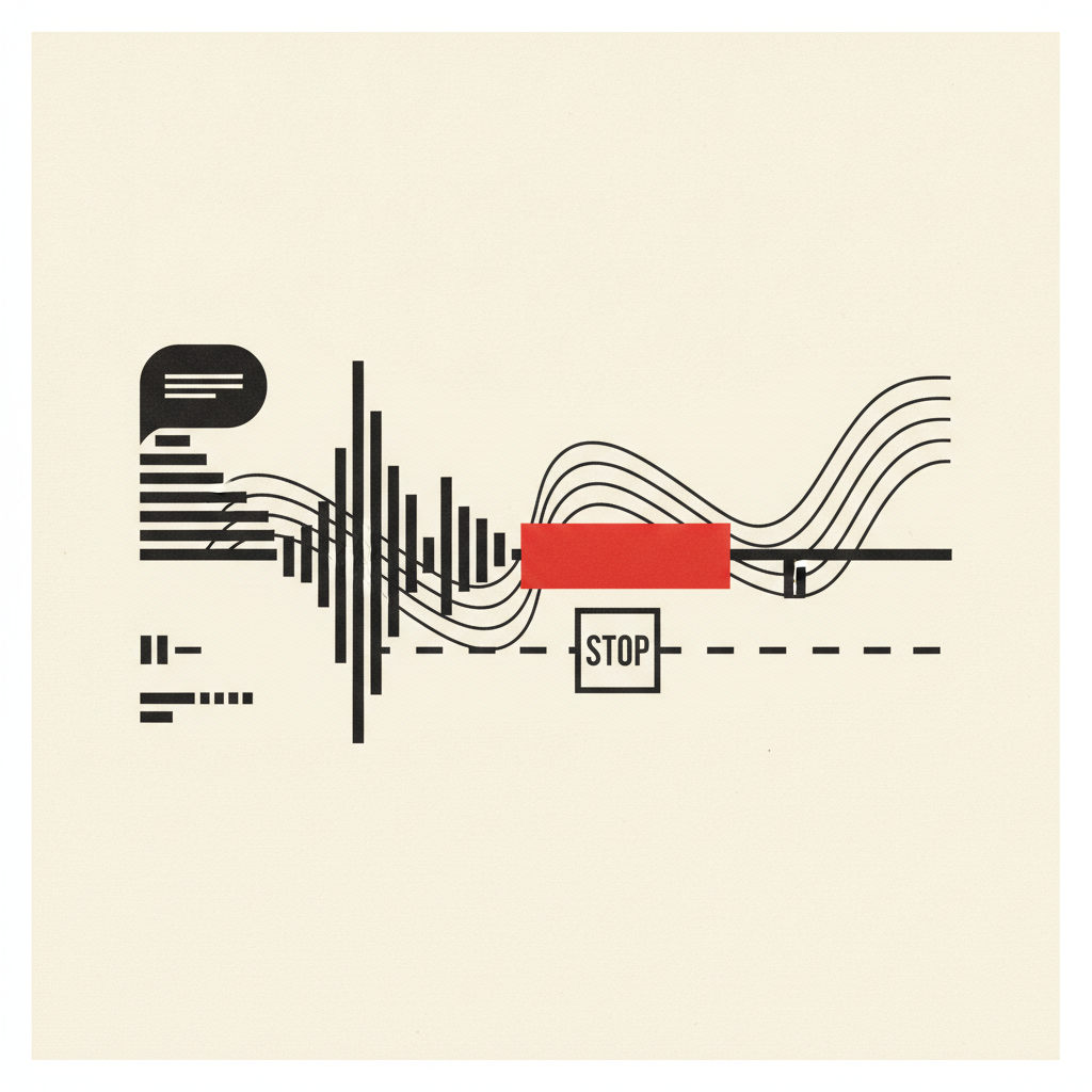 Editorial illustration: waveform meeting a chat bubble with a red STOP square